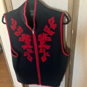 FINAL MARKDOWN Tally ho zip front Wool Vest with Red Floral Embroidery xl